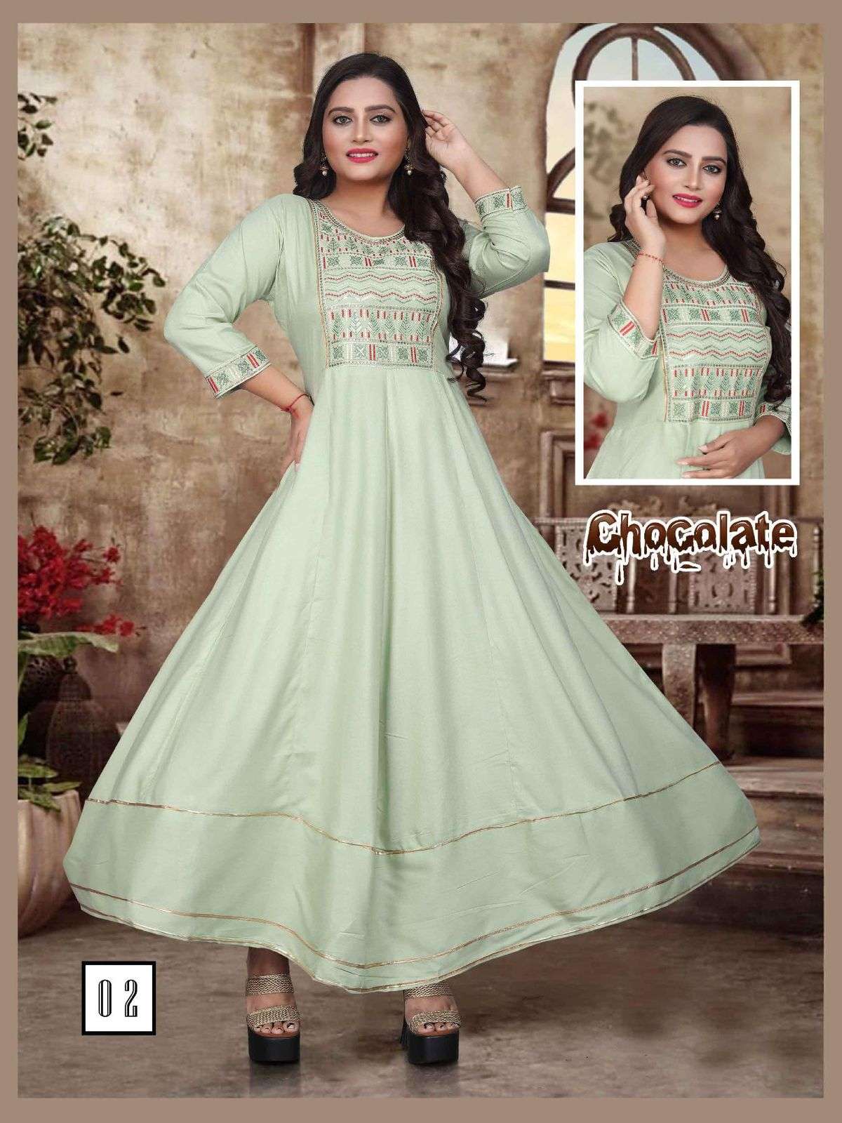 FT CHOCOLATE RAYON 14KG EMBROIDERY SEQUENCE WORK  PATTERN LONG FLAIR KURTI CATALOG WHOESALER BEST RATE