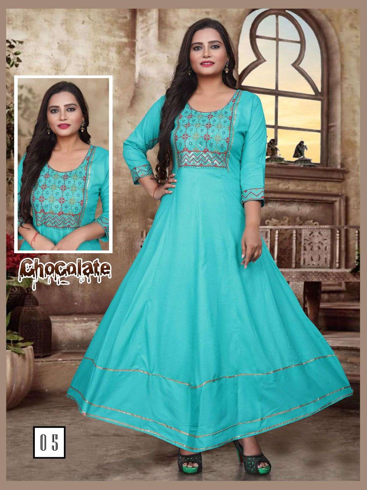 FT CHOCOLATE RAYON 14KG EMBROIDERY SEQUENCE WORK  PATTERN LONG FLAIR KURTI CATALOG WHOESALER BEST RATE
