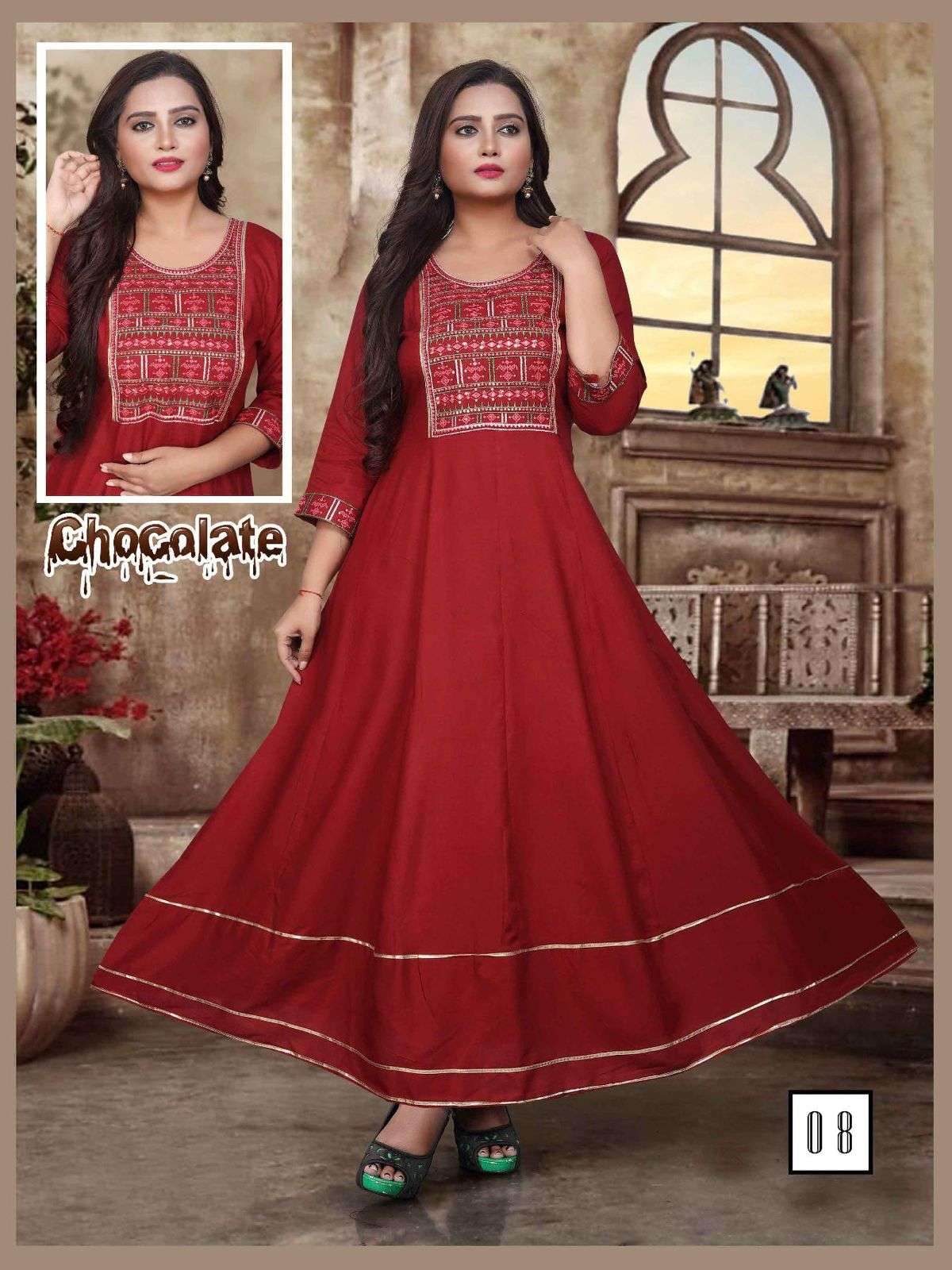 FT CHOCOLATE RAYON 14KG EMBROIDERY SEQUENCE WORK  PATTERN LONG FLAIR KURTI CATALOG WHOESALER BEST RATE
