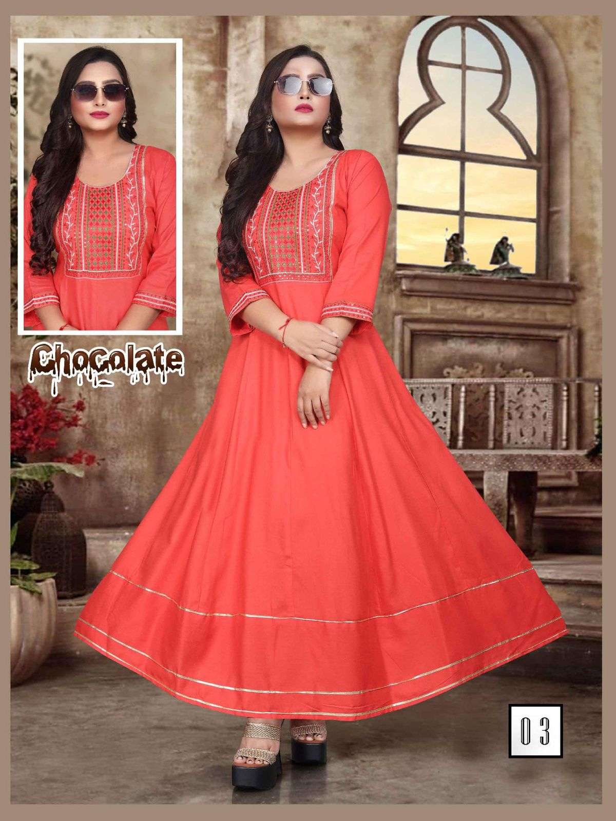 FT CHOCOLATE RAYON 14KG EMBROIDERY SEQUENCE WORK  PATTERN LONG FLAIR KURTI CATALOG WHOESALER BEST RATE