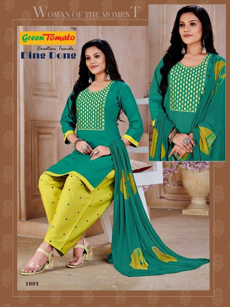 GREEN TOMATO DING DONG PATIYALA R. Cotton Top  Embroidery Work With Inner , R.Cotton Work Patiyala   &  Dupatta With Fancy Dying READYMADE SUIT CATALOG WHOLESALER BEST RATE