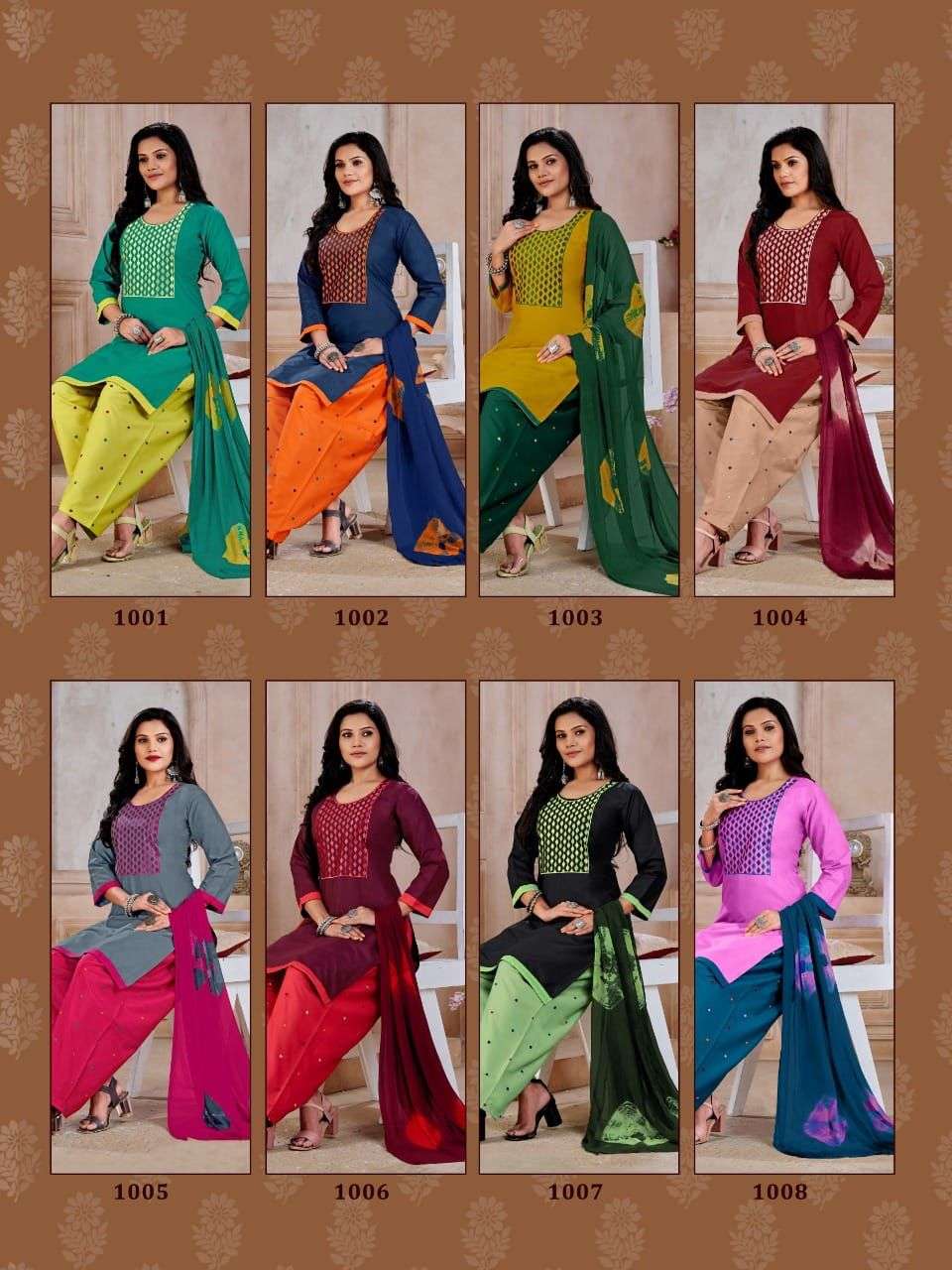 GREEN TOMATO DING DONG PATIYALA R. Cotton Top  Embroidery Work With Inner , R.Cotton Work Patiyala   &  Dupatta With Fancy Dying READYMADE SUIT CATALOG WHOLESALER BEST RATE