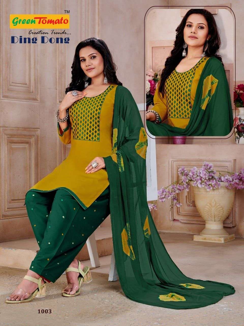 GREEN TOMATO DING DONG PATIYALA R. Cotton Top  Embroidery Work With Inner , R.Cotton Work Patiyala   &  Dupatta With Fancy Dying READYMADE SUIT CATALOG WHOLESALER BEST RATE