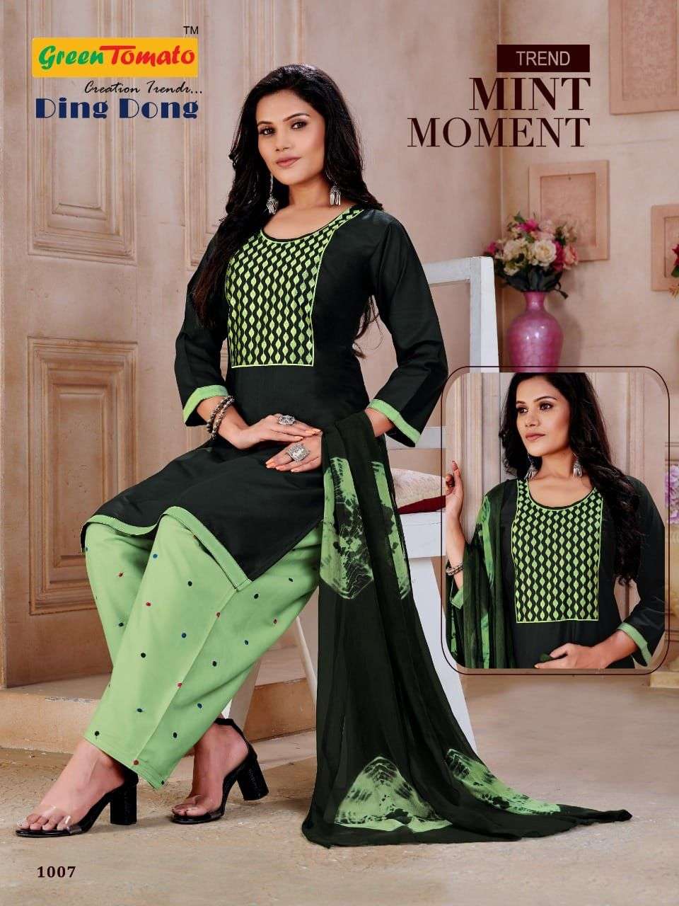GREEN TOMATO DING DONG PATIYALA R. Cotton Top  Embroidery Work With Inner , R.Cotton Work Patiyala   &  Dupatta With Fancy Dying READYMADE SUIT CATALOG WHOLESALER BEST RATE