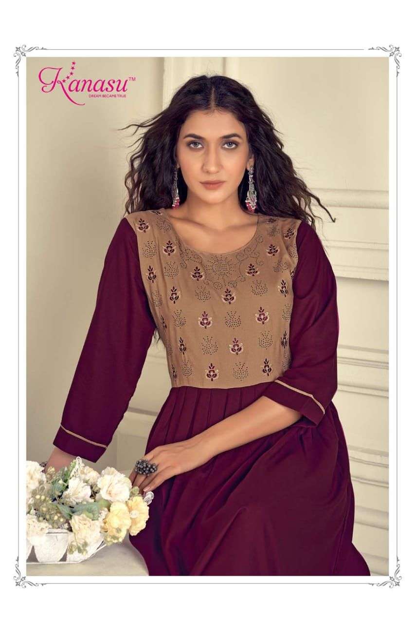 KANASU LIVIA HEAVY REYON LONG & FLAIR EMBROIDERY WITH SWAROVSKI WORK KURTI CATALOG WHOESALER BEST RATE
