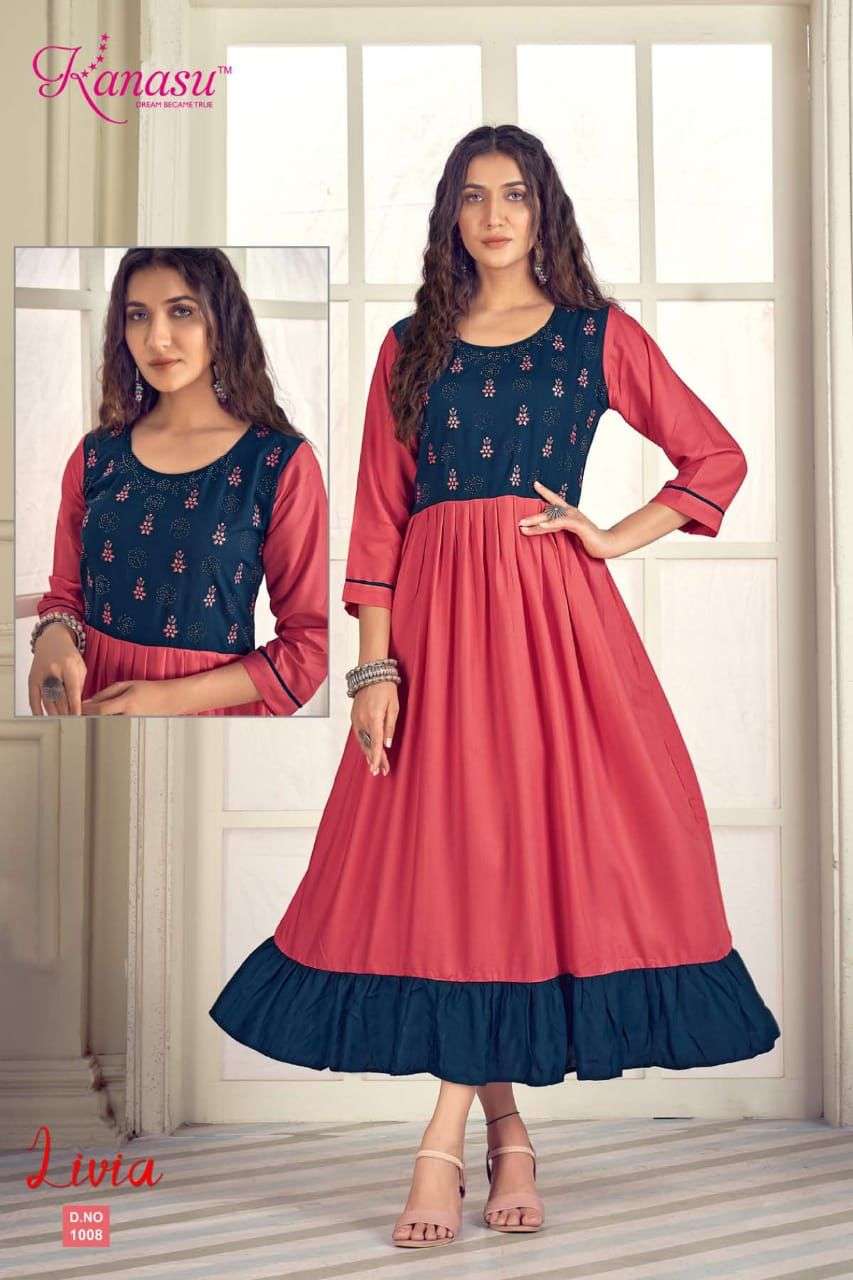 KANASU LIVIA HEAVY REYON LONG & FLAIR EMBROIDERY WITH SWAROVSKI WORK KURTI CATALOG WHOESALER BEST RATE