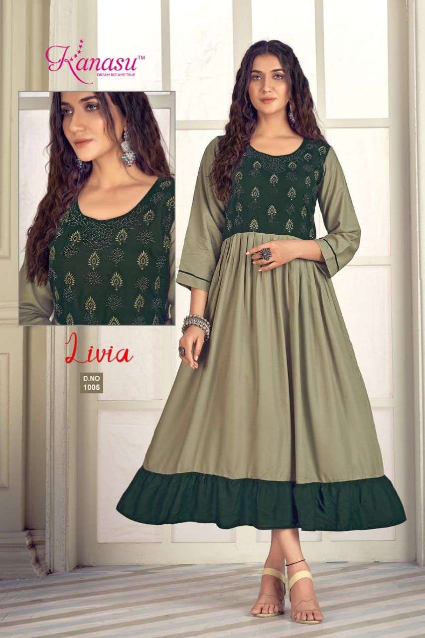 KANASU LIVIA HEAVY REYON LONG & FLAIR EMBROIDERY WITH SWAROVSKI WORK KURTI CATALOG WHOESALER BEST RATE