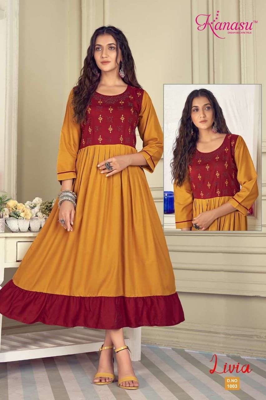 KANASU LIVIA HEAVY REYON LONG & FLAIR EMBROIDERY WITH SWAROVSKI WORK KURTI CATALOG WHOESALER BEST RATE