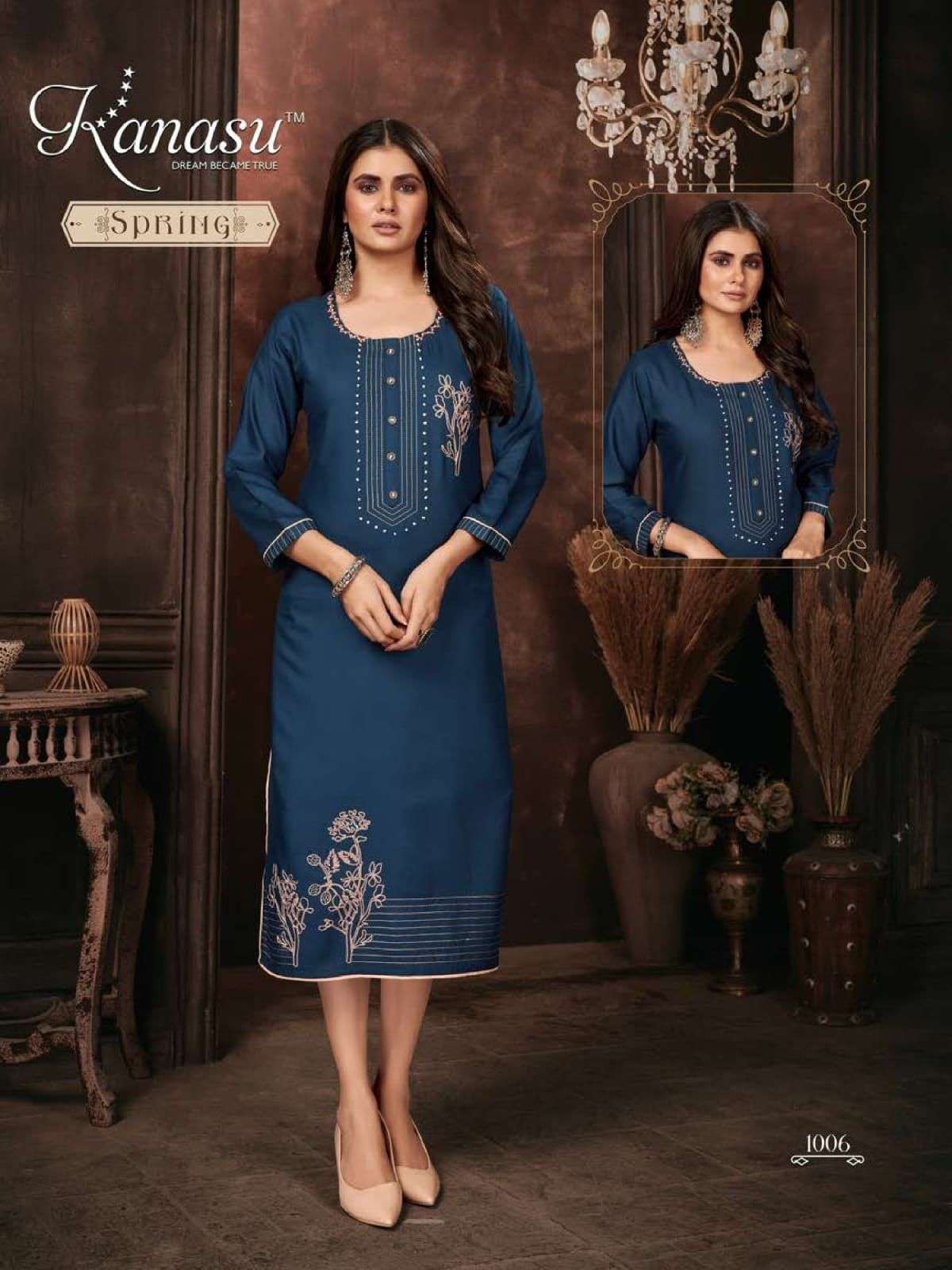  KANASU SPRING PREMIUM RAYON 16KG LIVA APPROVED STRAIGHT WITH EMBROIDERY AND MIRROR WORK PATTERN KURTI CATALOG WHOLESALER BEST RATE