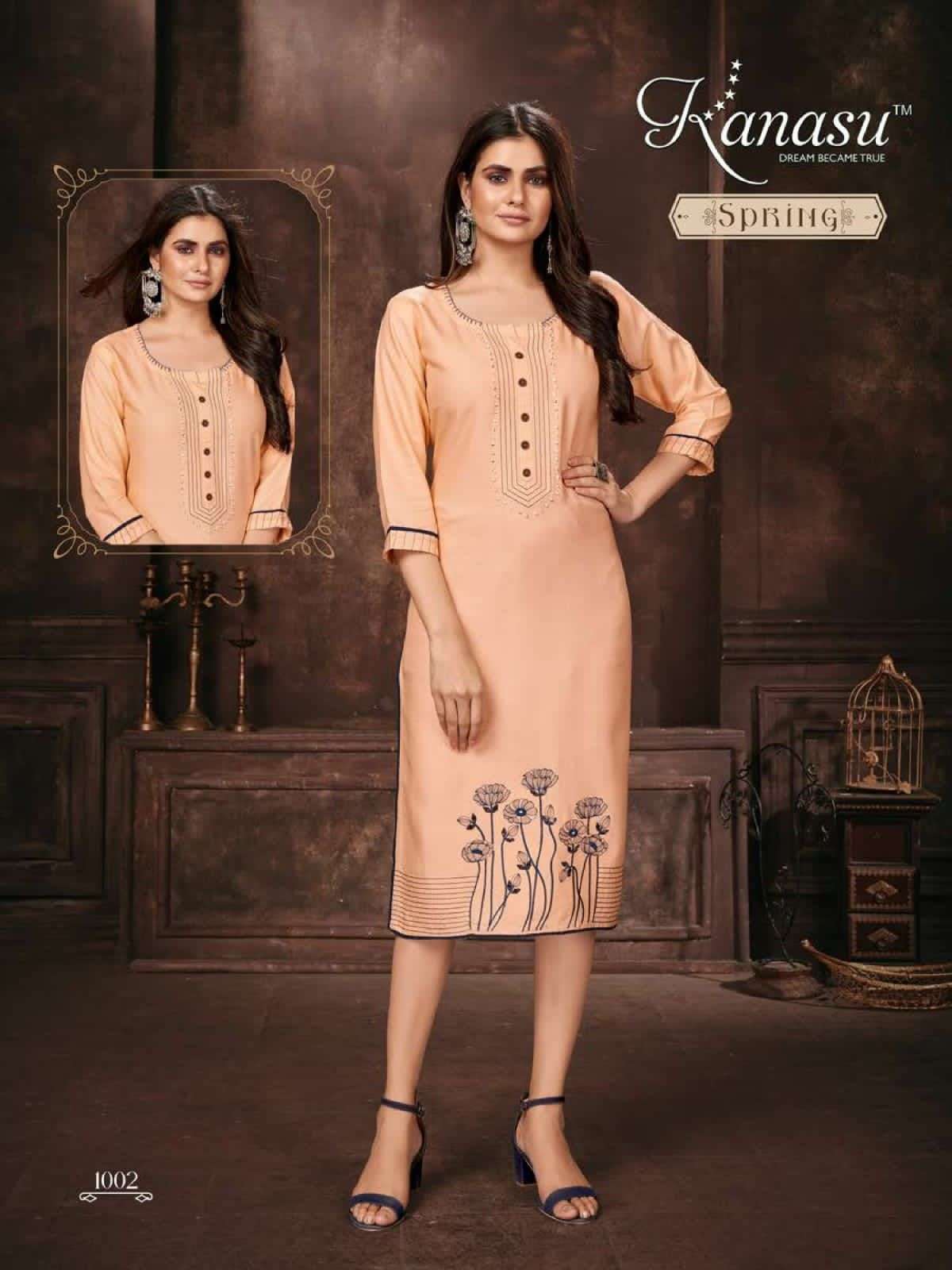  KANASU SPRING PREMIUM RAYON 16KG LIVA APPROVED STRAIGHT WITH EMBROIDERY AND MIRROR WORK PATTERN KURTI CATALOG WHOLESALER BEST RATE