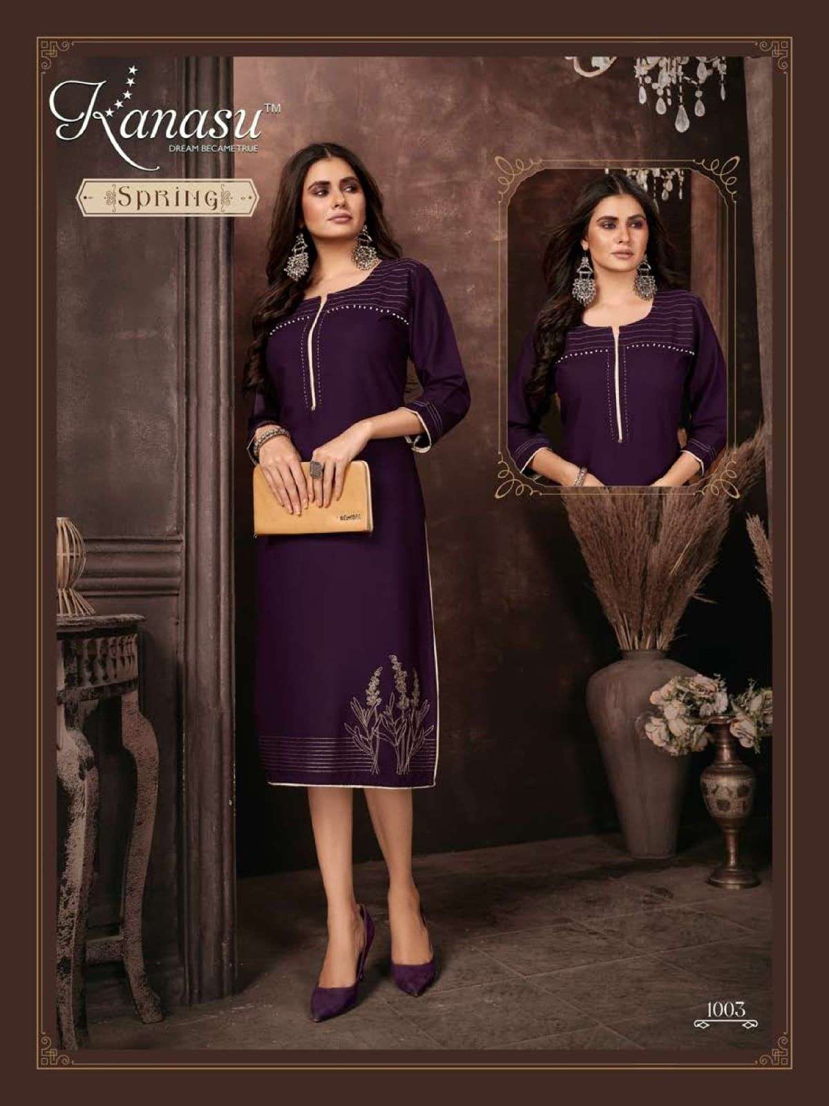  KANASU SPRING PREMIUM RAYON 16KG LIVA APPROVED STRAIGHT WITH EMBROIDERY AND MIRROR WORK PATTERN KURTI CATALOG WHOLESALER BEST RATE