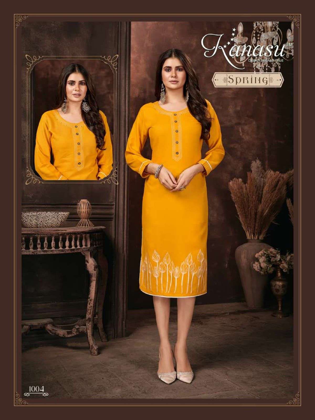  KANASU SPRING PREMIUM RAYON 16KG LIVA APPROVED STRAIGHT WITH EMBROIDERY AND MIRROR WORK PATTERN KURTI CATALOG WHOLESALER BEST RATE