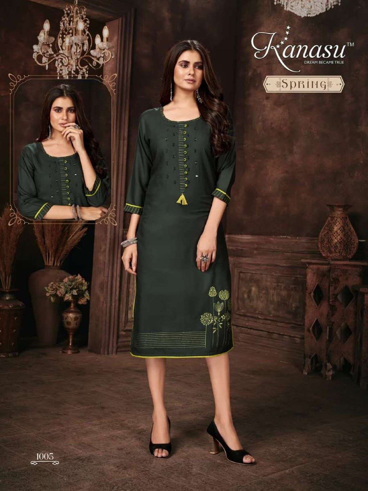  KANASU SPRING PREMIUM RAYON 16KG LIVA APPROVED STRAIGHT WITH EMBROIDERY AND MIRROR WORK PATTERN KURTI CATALOG WHOLESALER BEST RATE