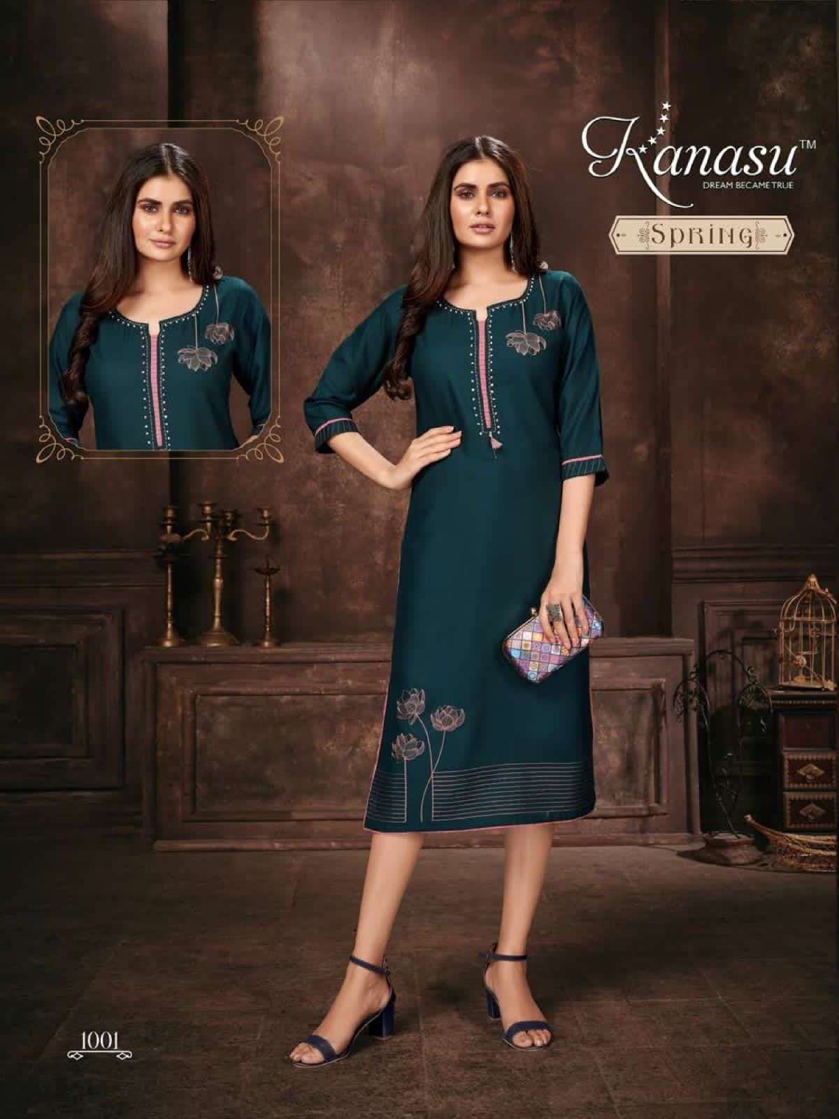  KANASU SPRING PREMIUM RAYON 16KG LIVA APPROVED STRAIGHT WITH EMBROIDERY AND MIRROR WORK PATTERN KURTI CATALOG WHOLESALER BEST RATE