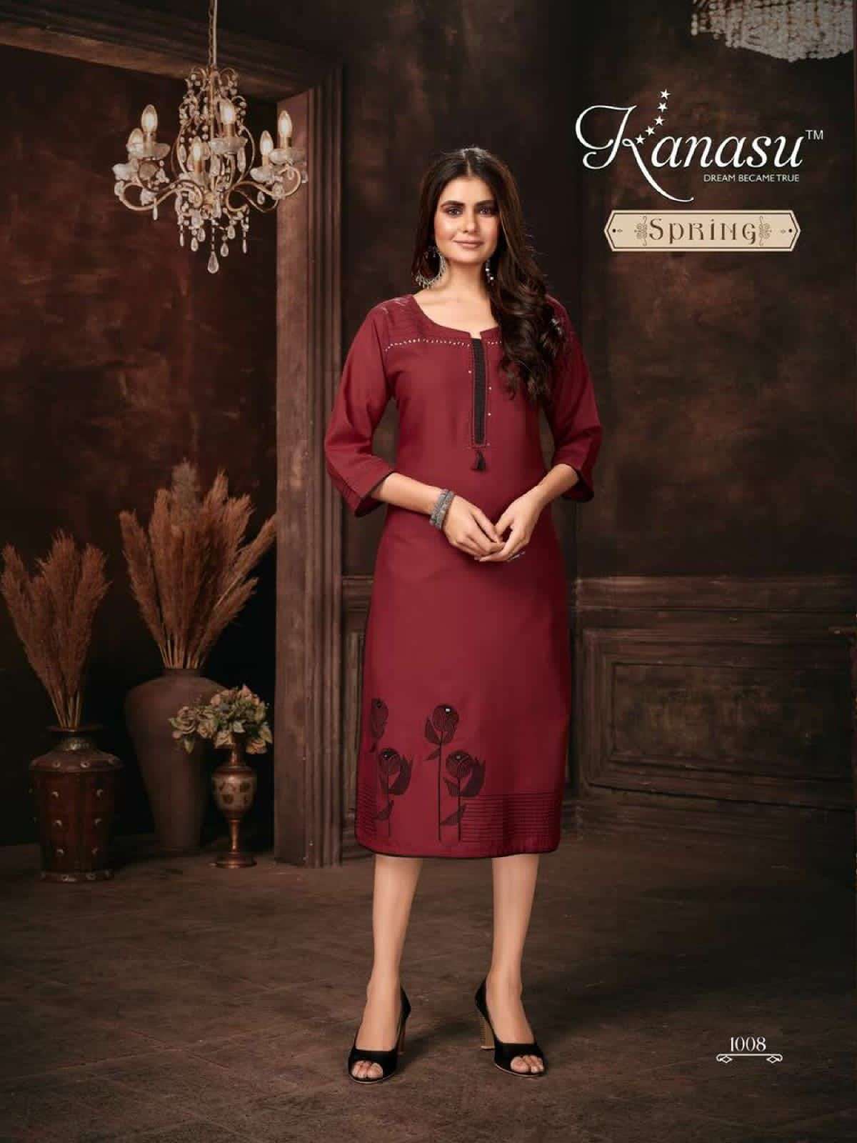  KANASU SPRING PREMIUM RAYON 16KG LIVA APPROVED STRAIGHT WITH EMBROIDERY AND MIRROR WORK PATTERN KURTI CATALOG WHOLESALER BEST RATE