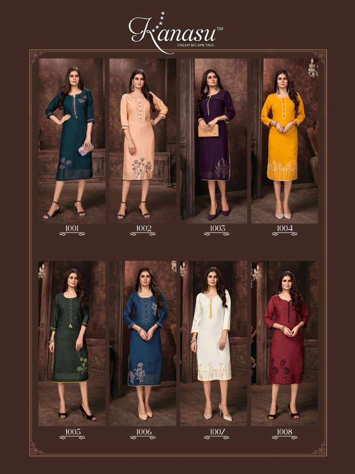  KANASU SPRING PREMIUM RAYON 16KG LIVA APPROVED STRAIGHT WITH EMBROIDERY AND MIRROR WORK PATTERN KURTI CATALOG WHOLESALER BEST RATE
