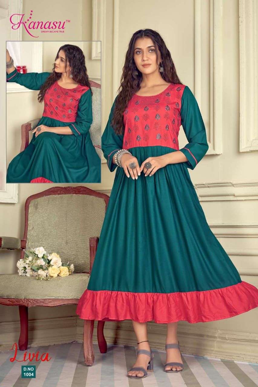 NEW KANASU LIVIA HEAVY REYON LONG & FLAIR EMBROIDERY WITH SWAROVSKI WORK KURTI CATALOG WHOESALER BEST RATE