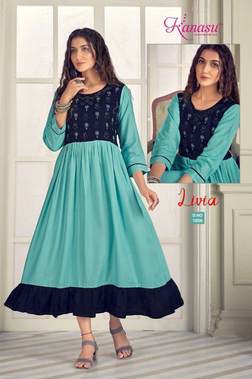 NEW KANASU LIVIA HEAVY REYON LONG & FLAIR EMBROIDERY WITH SWAROVSKI WORK KURTI CATALOG WHOESALER BEST RATE