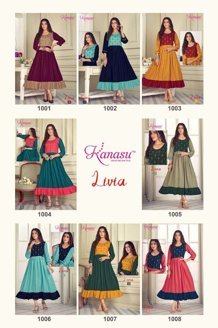 NEW KANASU LIVIA HEAVY REYON LONG & FLAIR EMBROIDERY WITH SWAROVSKI WORK KURTI CATALOG WHOESALER BEST RATE