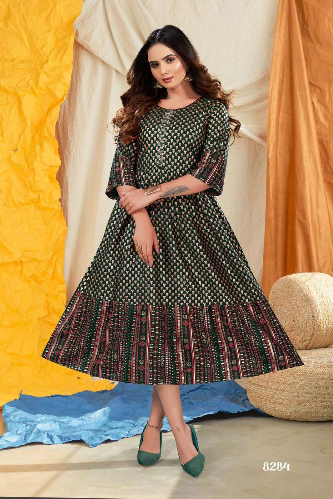 Paakhi V.01 Heavy Rayon Festive Wear Kurti Stone Work & Gold Foil Print Pattern Frock Style KURTI CATALOG WHOLESALER BEST RATE