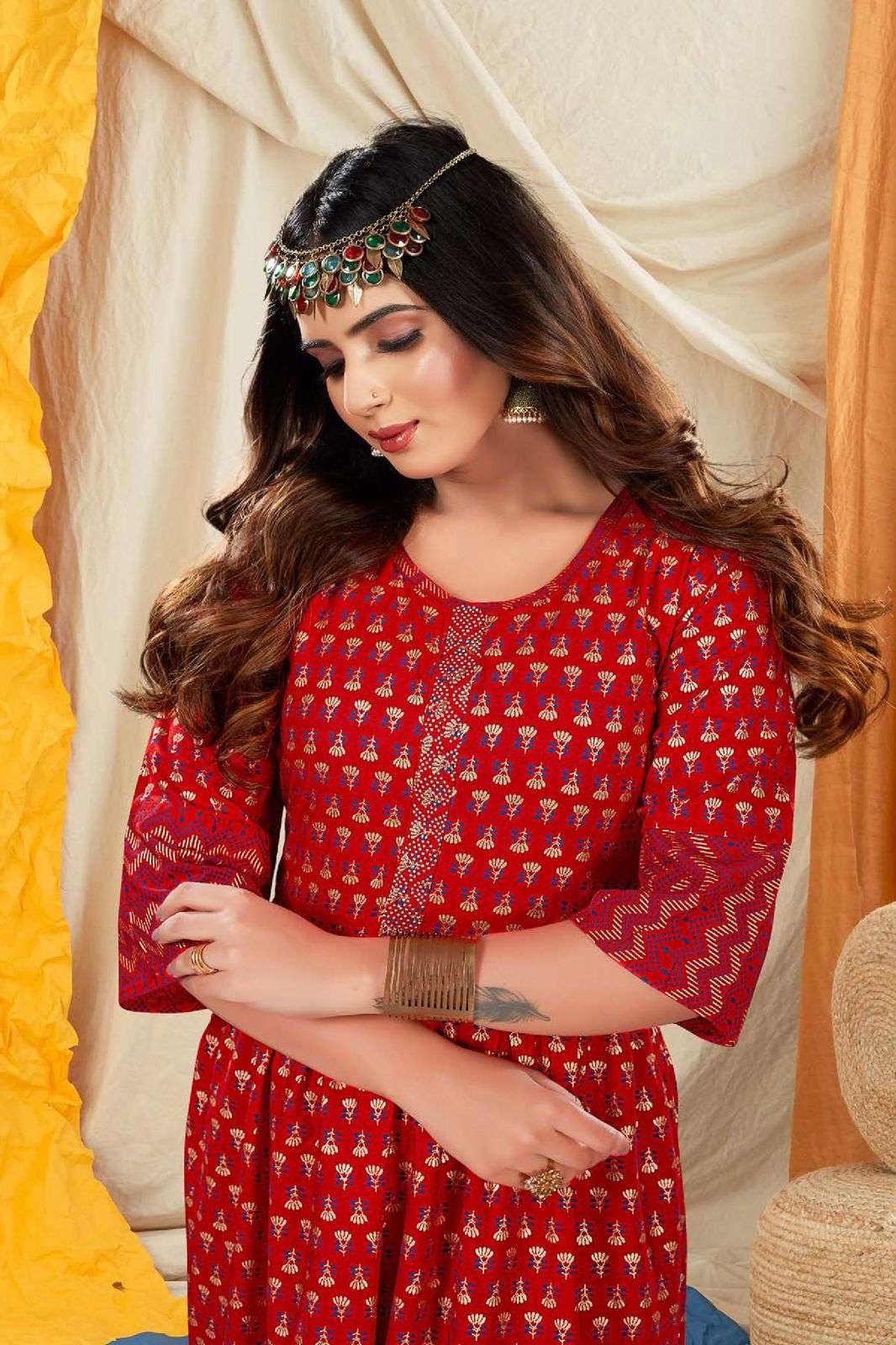 Paakhi V.01 Heavy Rayon Festive Wear Kurti Stone Work & Gold Foil Print Pattern Frock Style KURTI CATALOG WHOLESALER BEST RATE