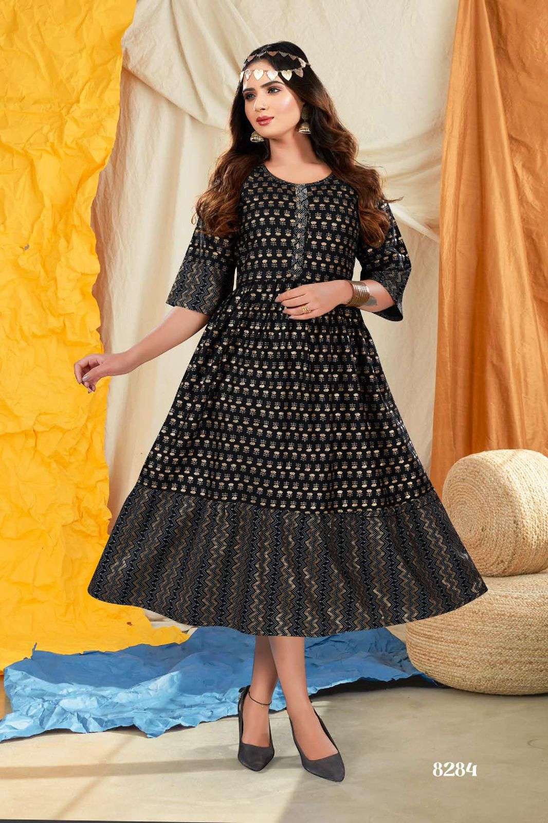 Paakhi V.01 Heavy Rayon Festive Wear Kurti Stone Work & Gold Foil Print Pattern Frock Style KURTI CATALOG WHOLESALER BEST RATE