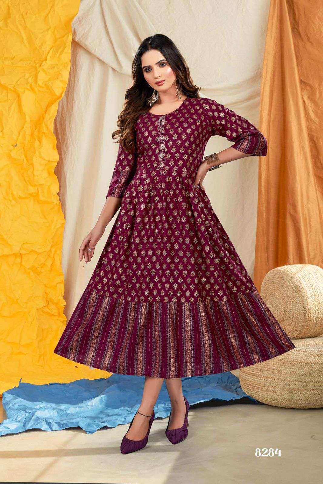 Paakhi V.01 Heavy Rayon Festive Wear Kurti Stone Work & Gold Foil Print Pattern Frock Style KURTI CATALOG WHOLESALER BEST RATE