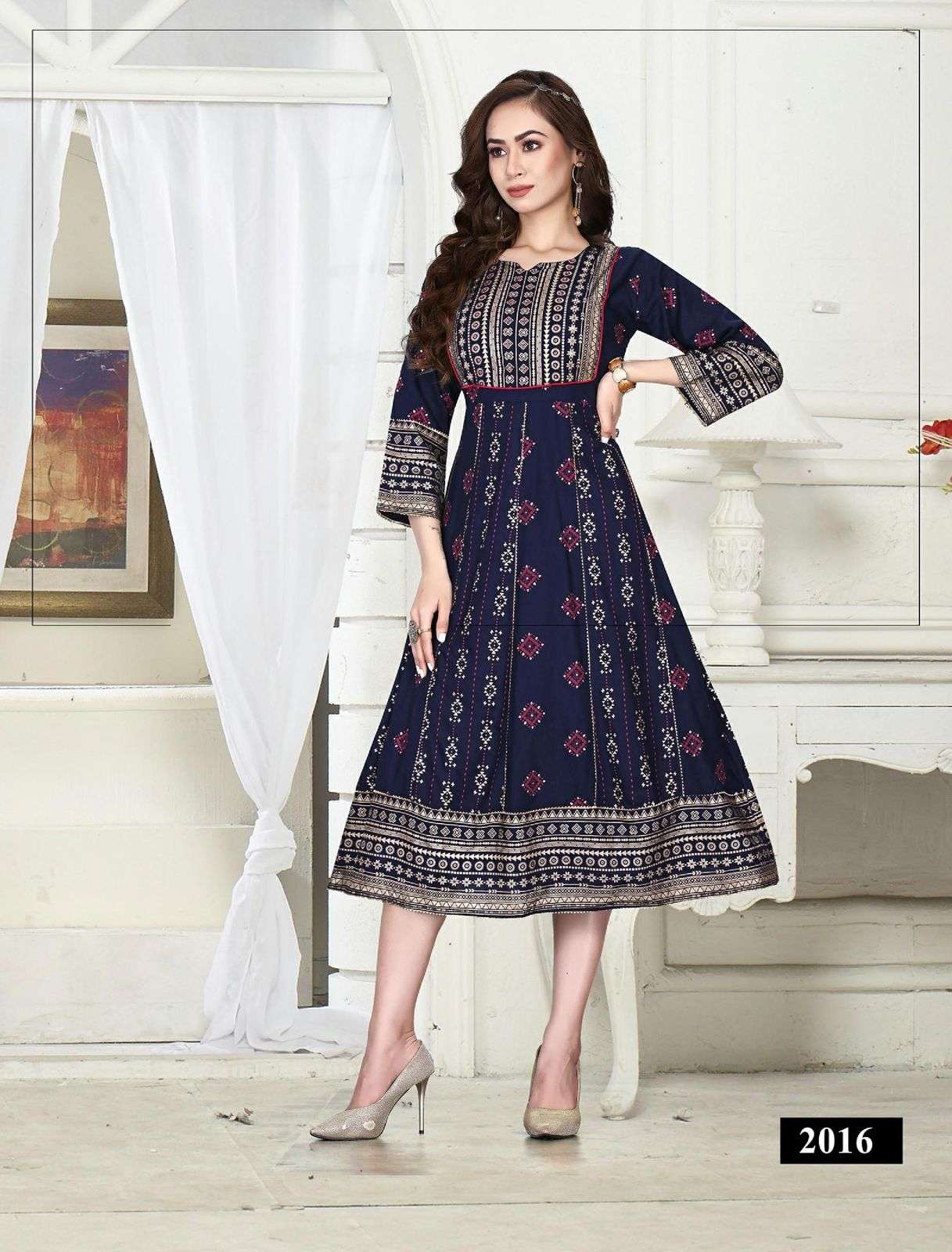 SUMMER SPECIAL KICK Heavy Rayon Gold Foil Print & Handwork Flair Kurti CATALOG WHOLESALER BEST RATE