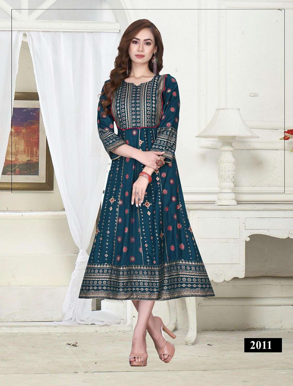 SUMMER SPECIAL KICK Heavy Rayon Gold Foil Print & Handwork Flair Kurti CATALOG WHOLESALER BEST RATE