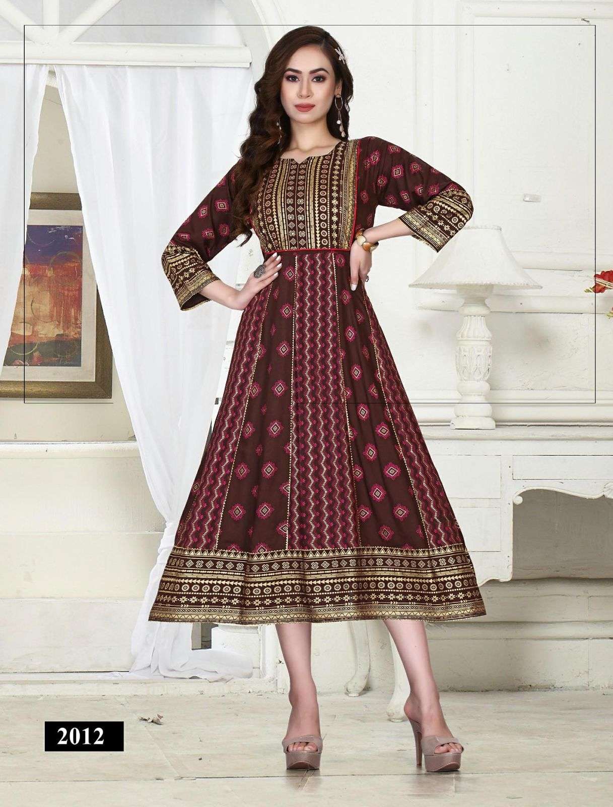SUMMER SPECIAL KICK Heavy Rayon Gold Foil Print & Handwork Flair Kurti CATALOG WHOLESALER BEST RATE
