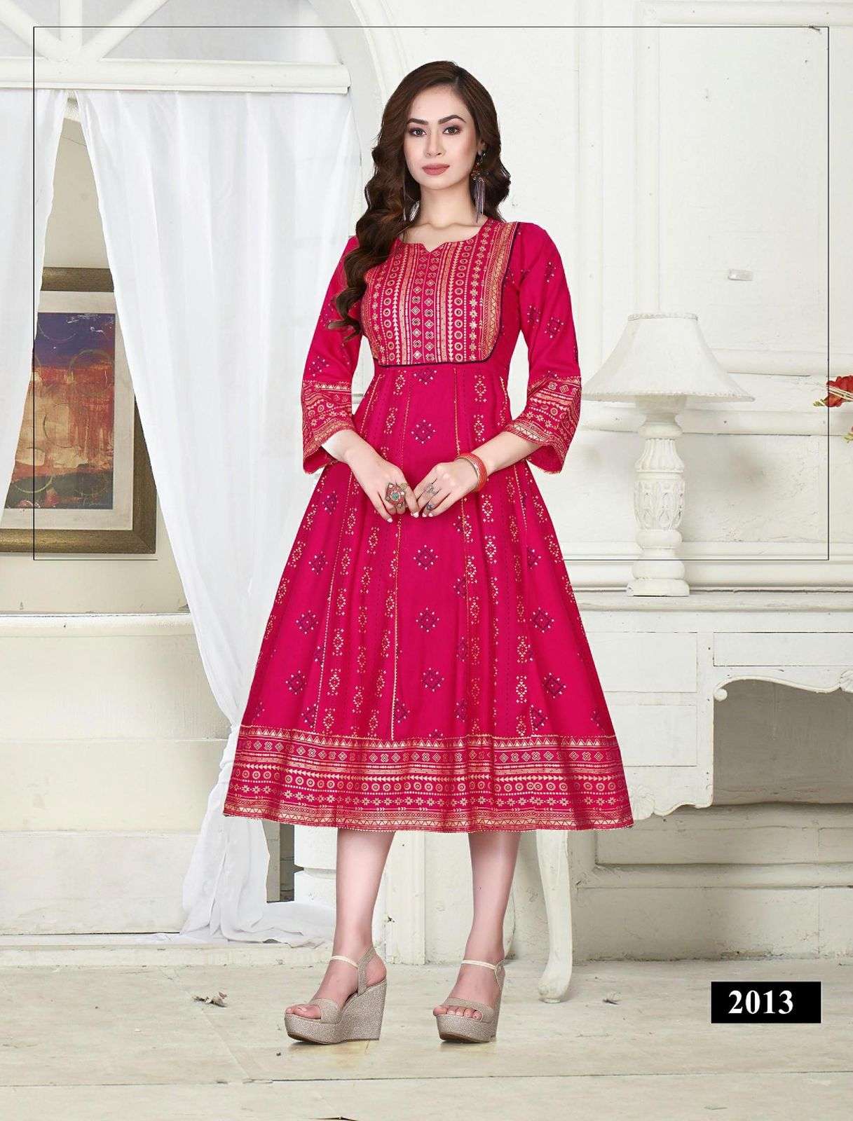 SUMMER SPECIAL KICK Heavy Rayon Gold Foil Print & Handwork Flair Kurti CATALOG WHOLESALER BEST RATE