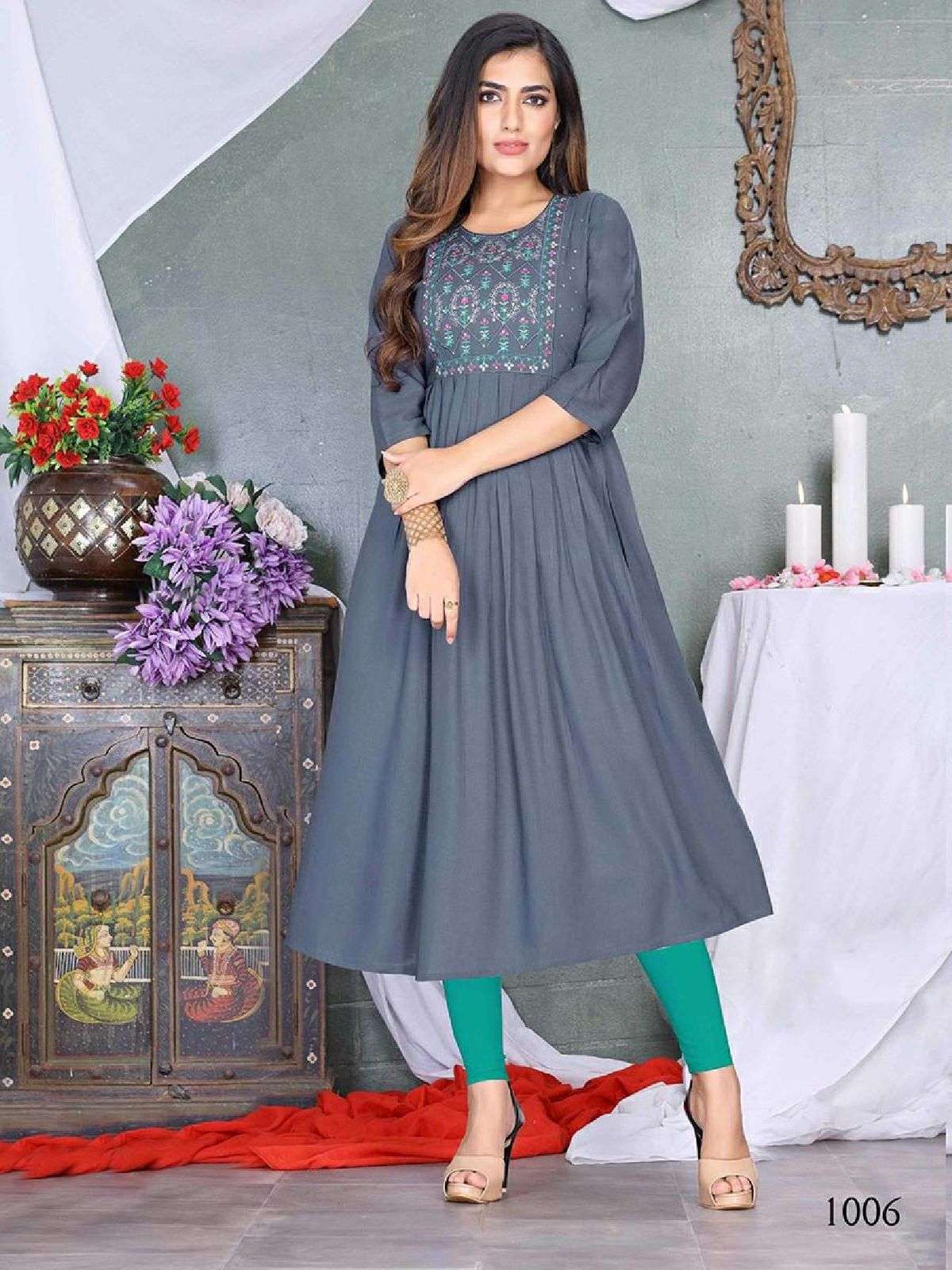 SUMMER SPECIAL TERN-2 Heavy Rayon Slub Fancy Embroidery work & Diamond Work Flair Kurti CATALOG WHOLESALER BEST RATE