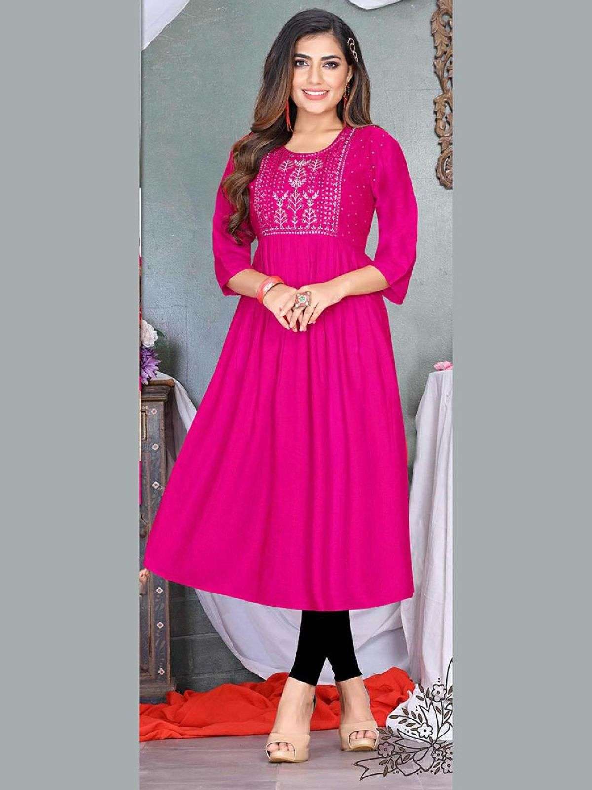 SUMMER SPECIAL TERN-2 Heavy Rayon Slub Fancy Embroidery work & Diamond Work Flair Kurti CATALOG WHOLESALER BEST RATE