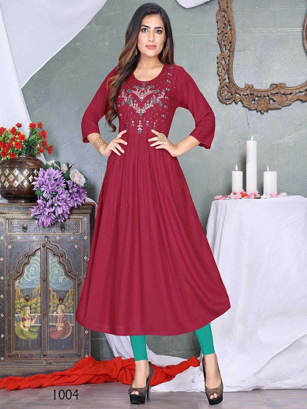 SUMMER SPECIAL TERN-2 Heavy Rayon Slub Fancy Embroidery work & Diamond Work Flair Kurti CATALOG WHOLESALER BEST RATE