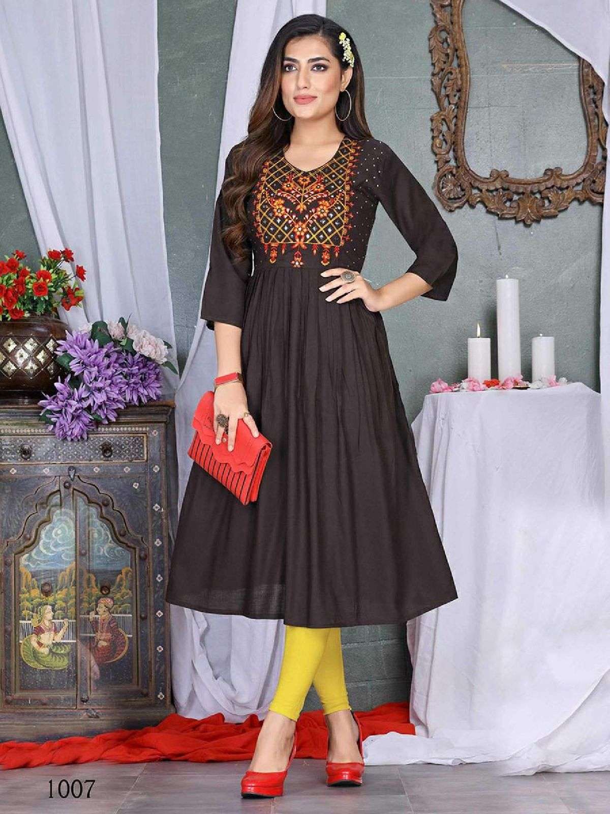 SUMMER SPECIAL TERN-2 Heavy Rayon Slub Fancy Embroidery work & Diamond Work Flair Kurti CATALOG WHOLESALER BEST RATE