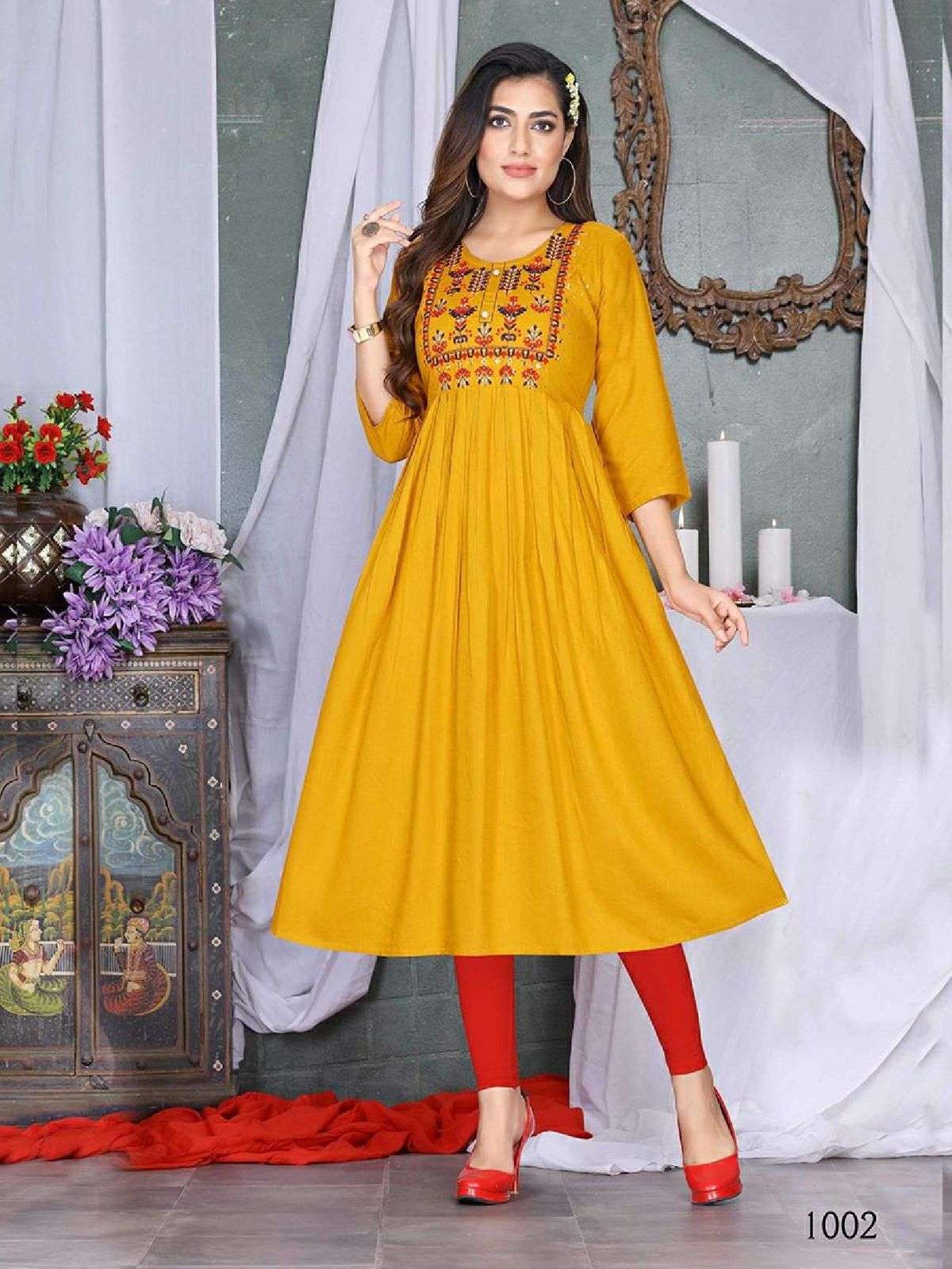 SUMMER SPECIAL TERN-2 Heavy Rayon Slub Fancy Embroidery work & Diamond Work Flair Kurti CATALOG WHOLESALER BEST RATE