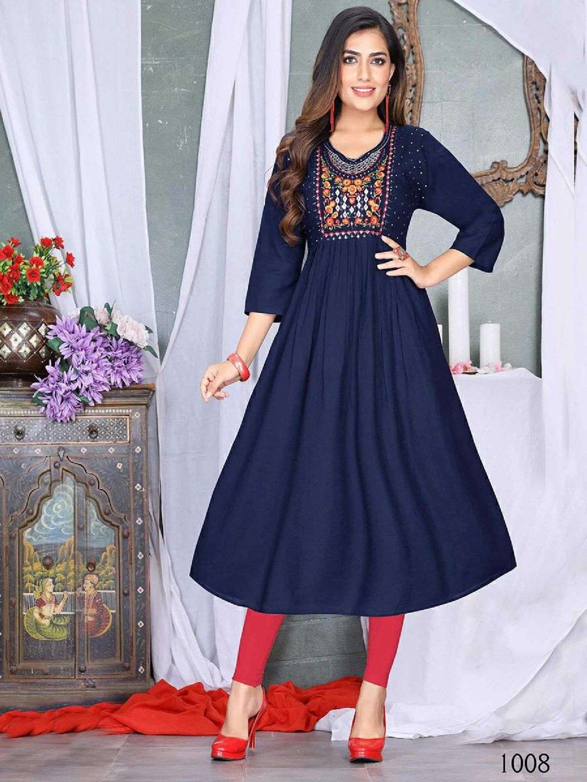 SUMMER SPECIAL TERN-2 Heavy Rayon Slub Fancy Embroidery work & Diamond Work Flair Kurti CATALOG WHOLESALER BEST RATE