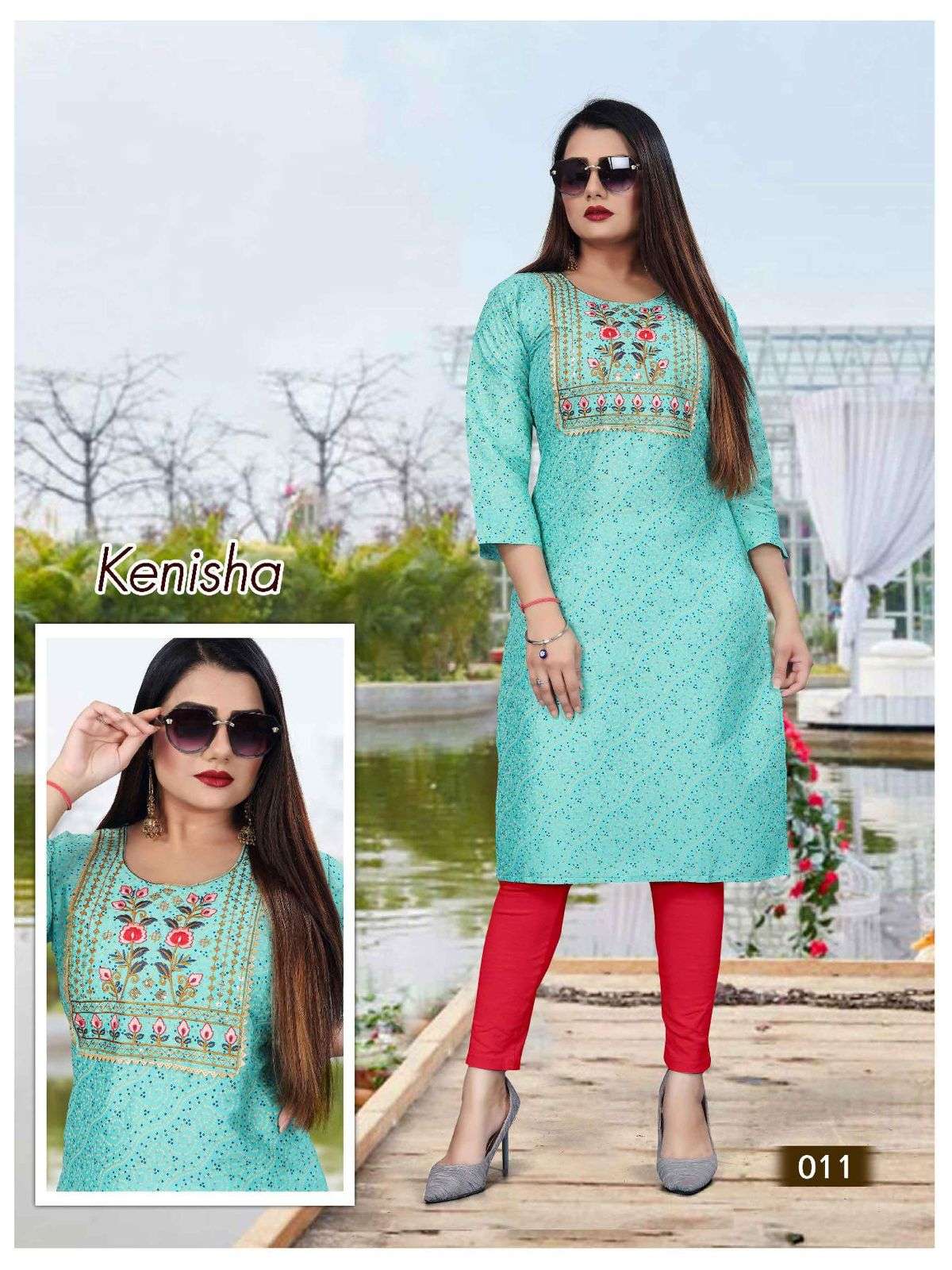 TRENDY KENISHA RAYON TWO TONE PRINT  & SEQUENCE WORK  PATTERN STRAIGHT KURTI CATALOG WHOLESALER BEST RATE