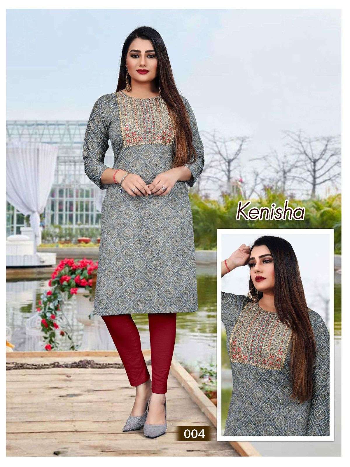 TRENDY KENISHA RAYON TWO TONE PRINT  & SEQUENCE WORK  PATTERN STRAIGHT KURTI CATALOG WHOLESALER BEST RATE