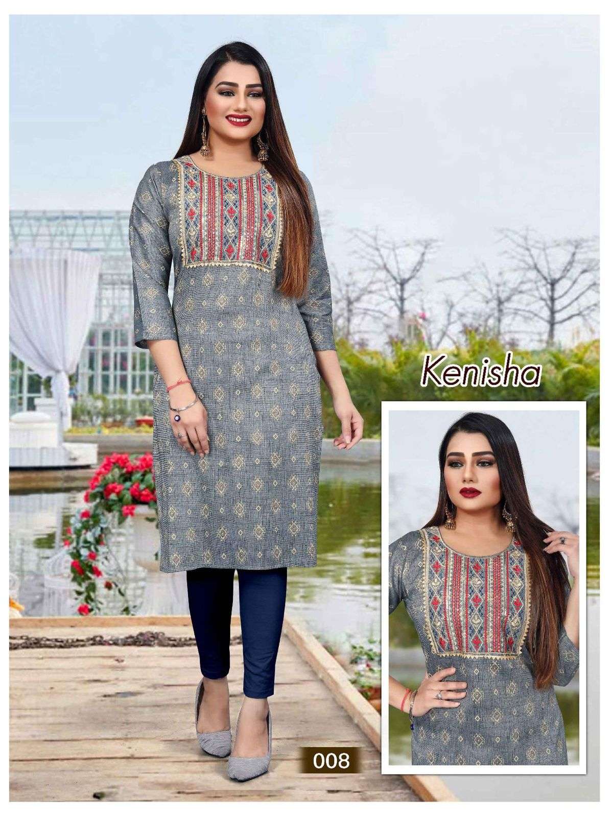 TRENDY KENISHA RAYON TWO TONE PRINT  & SEQUENCE WORK  PATTERN STRAIGHT KURTI CATALOG WHOLESALER BEST RATE