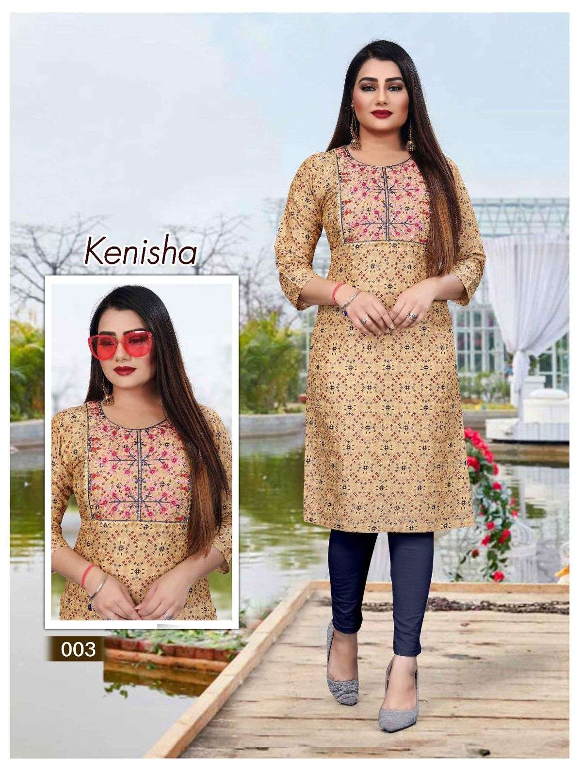 TRENDY KENISHA RAYON TWO TONE PRINT  & SEQUENCE WORK  PATTERN STRAIGHT KURTI CATALOG WHOLESALER BEST RATE