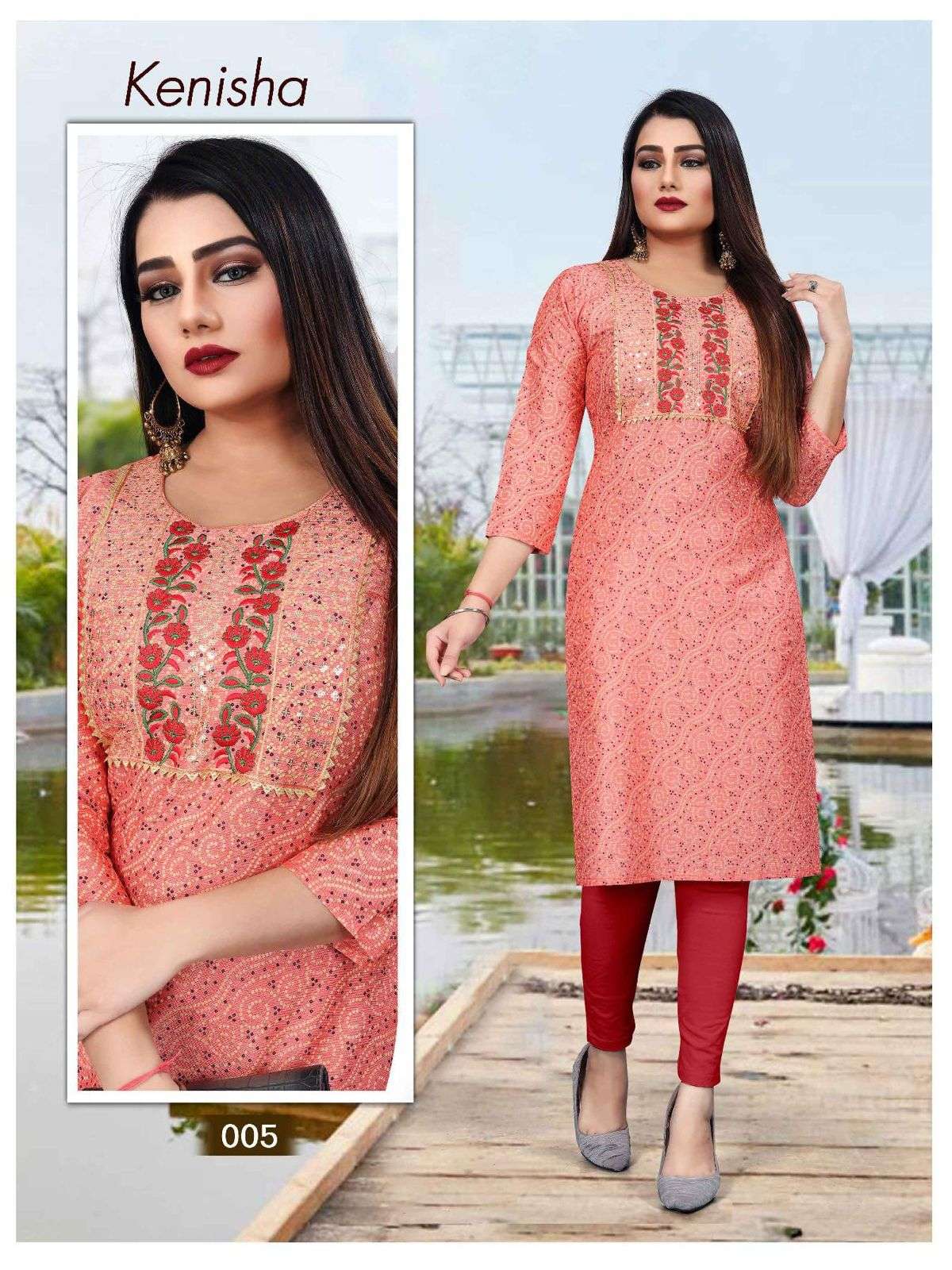 TRENDY KENISHA RAYON TWO TONE PRINT  & SEQUENCE WORK  PATTERN STRAIGHT KURTI CATALOG WHOLESALER BEST RATE