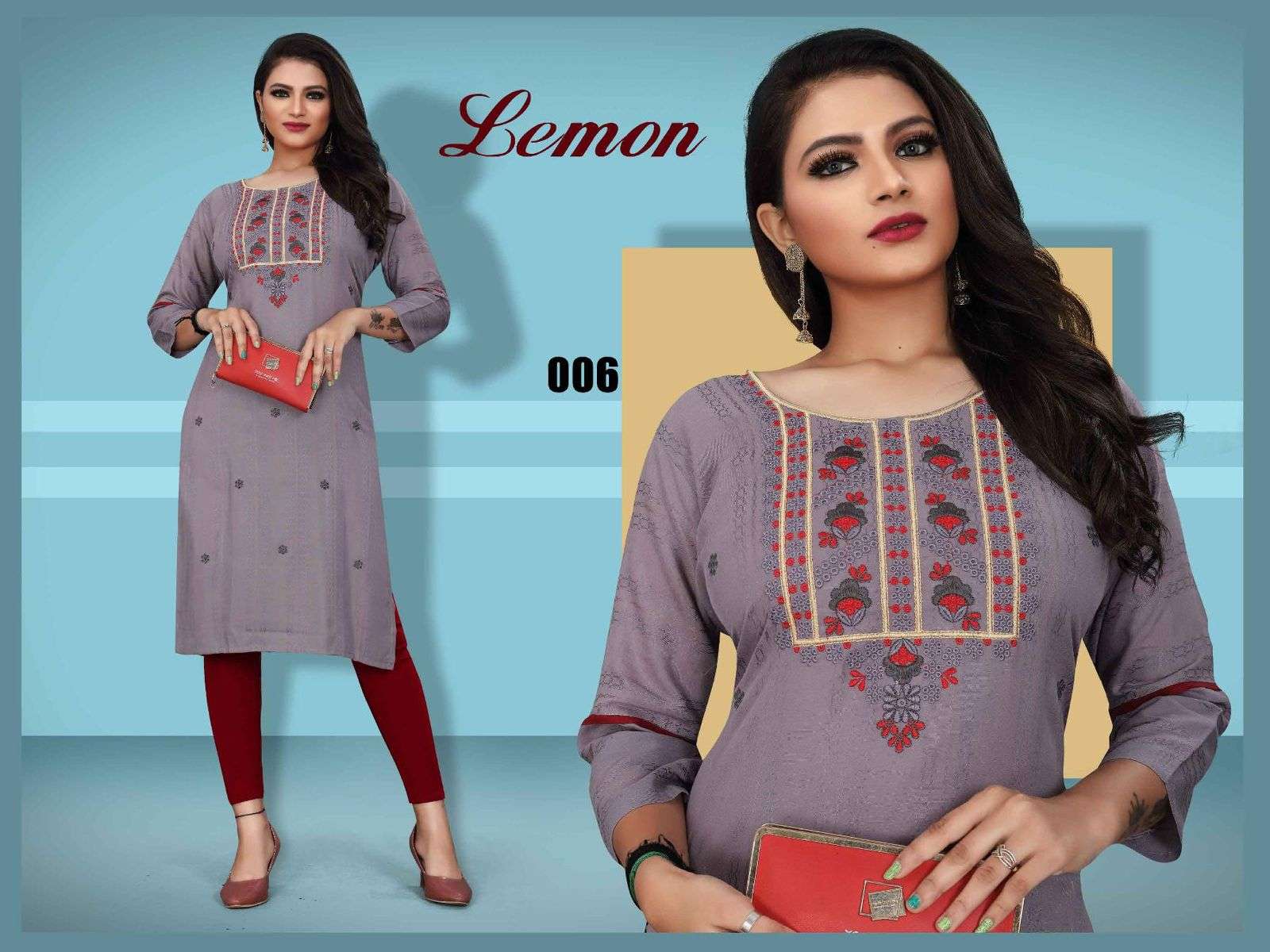 TRENDY LEMON HEAVY REYON BOMBAY FABRIC EMBROIDERY WORK STRAIGHT CUT KURTI CATALOG WHOLESALER BEST RATE