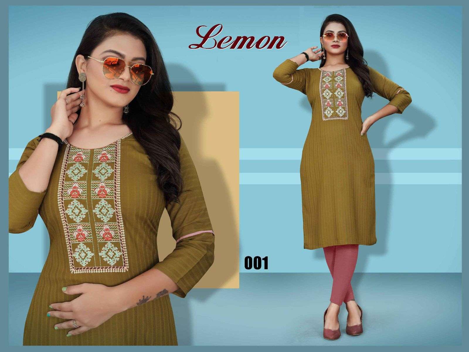 TRENDY LEMON HEAVY REYON BOMBAY FABRIC EMBROIDERY WORK STRAIGHT CUT KURTI CATALOG WHOLESALER BEST RATE