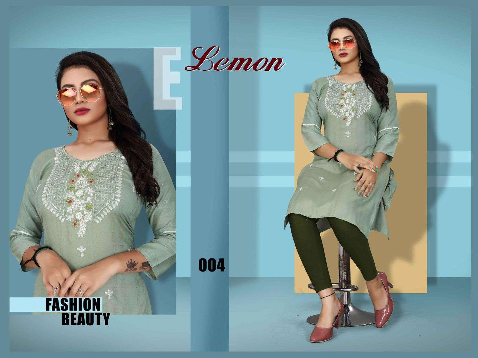 TRENDY LEMON HEAVY REYON BOMBAY FABRIC EMBROIDERY WORK STRAIGHT CUT KURTI CATALOG WHOLESALER BEST RATE