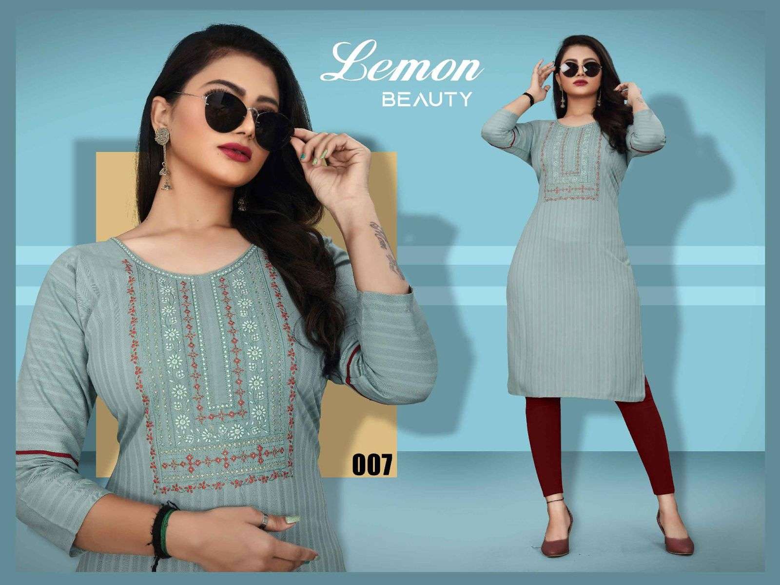 TRENDY LEMON HEAVY REYON BOMBAY FABRIC EMBROIDERY WORK STRAIGHT CUT KURTI CATALOG WHOLESALER BEST RATE