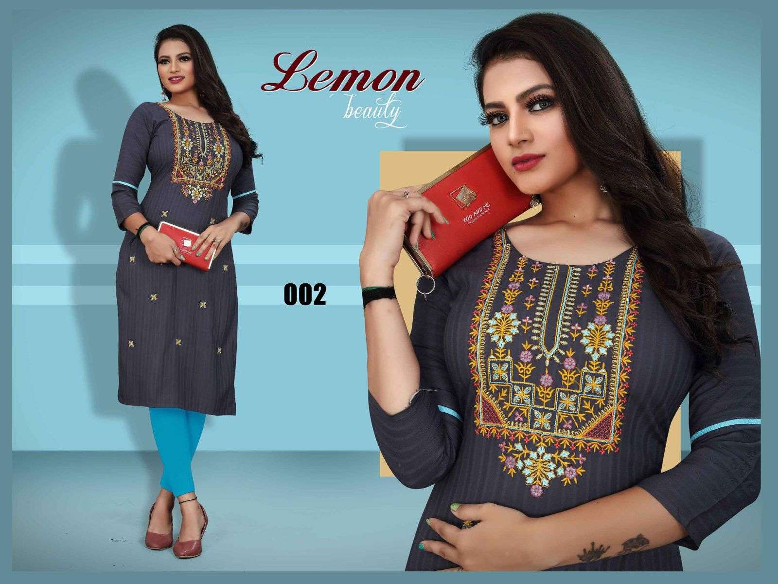 TRENDY LEMON HEAVY REYON BOMBAY FABRIC EMBROIDERY WORK STRAIGHT CUT KURTI CATALOG WHOLESALER BEST RATE