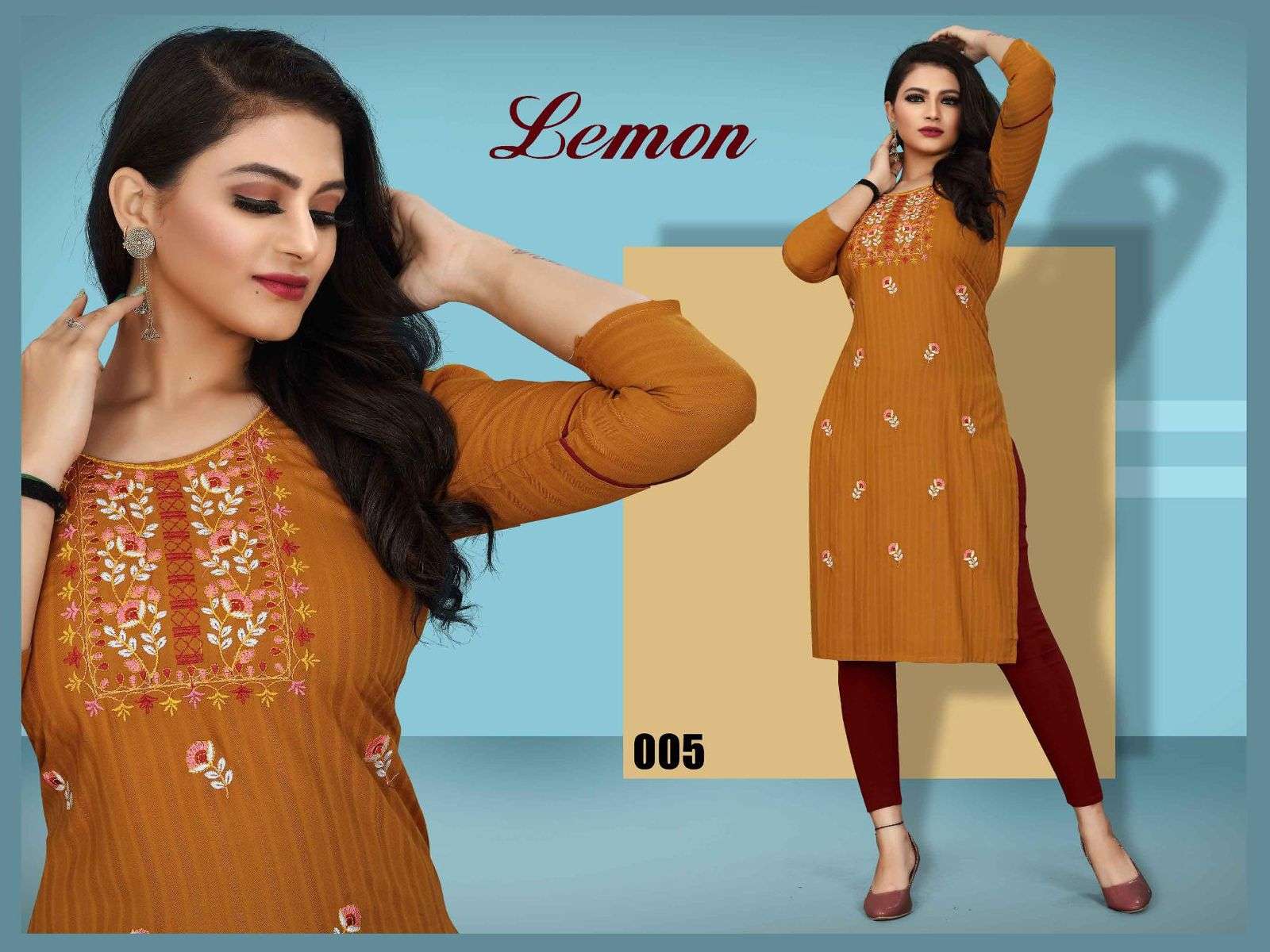 TRENDY LEMON HEAVY REYON BOMBAY FABRIC EMBROIDERY WORK STRAIGHT CUT KURTI CATALOG WHOLESALER BEST RATE