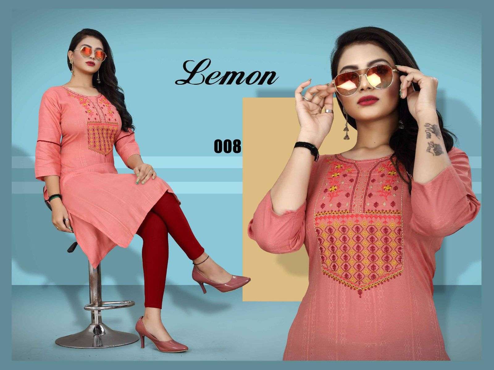 TRENDY LEMON HEAVY REYON BOMBAY FABRIC EMBROIDERY WORK STRAIGHT CUT KURTI CATALOG WHOLESALER BEST RATE