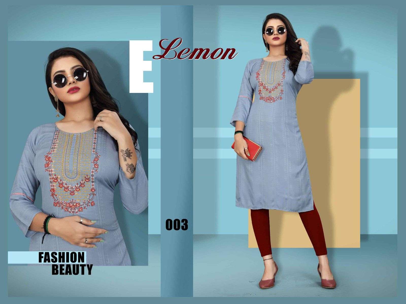 TRENDY LEMON HEAVY REYON BOMBAY FABRIC EMBROIDERY WORK STRAIGHT CUT KURTI CATALOG WHOLESALER BEST RATE